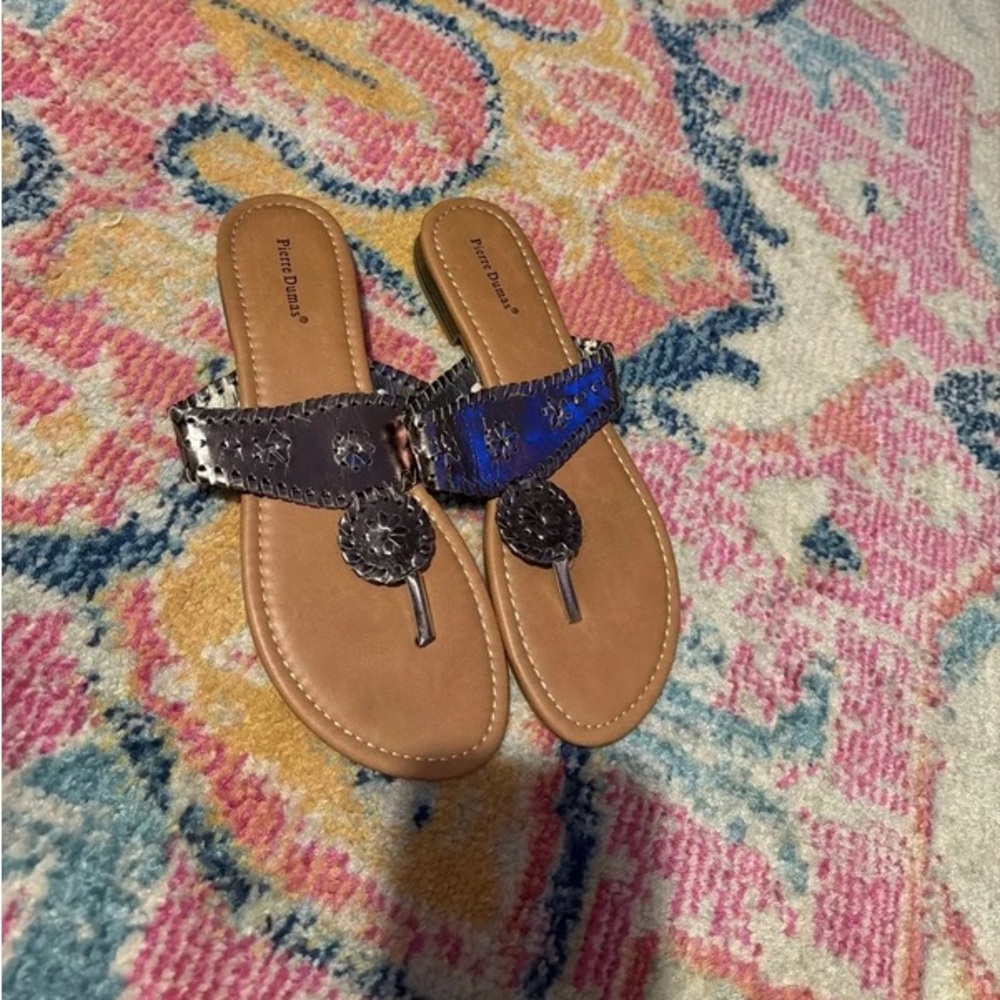 Pierre Dumas Metallic Blue and Brown T-Strap Sandals